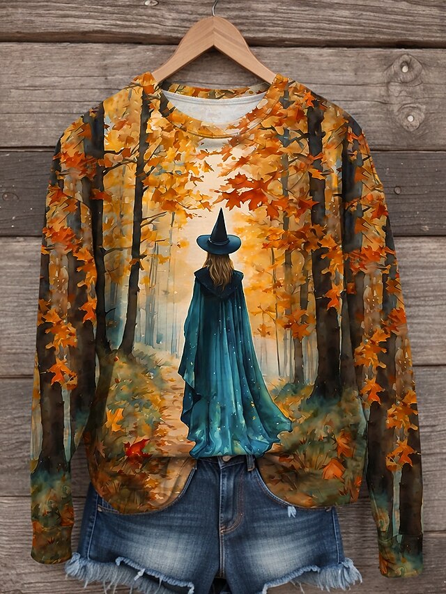 Halloween Women's Sweatshirts Witch Graphic Casual Long Sleeve Crew Neck Regular Tops Street Casual Print Yellow Blue Orange Fall Winter2