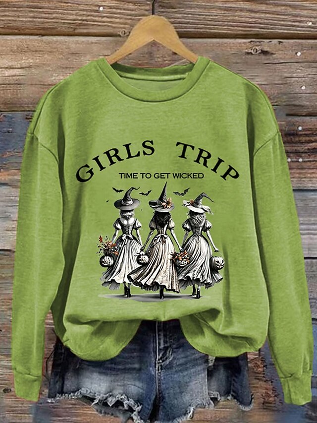 Halloween Women's Sweatshirts Witch Graphic Letter Casual Long Sleeve Crew Neck Regular Tops Street Dailywear Casual Print White Orange Green Fall Winter4