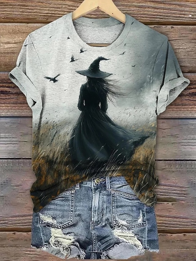  Halloween Dámské Tričko Grafika předvečer Všech svatých Čarodějnice Vinobraní stylové Klasické Krátký rukáv Tričkový Běžné topy Denní Víkend Tisk Šalvějová zeleň Žlutá Vodní modrá Oranžová Šedá Léto