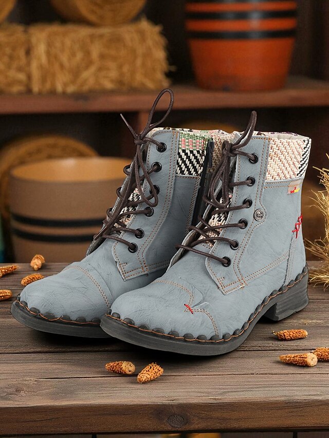  Botas femininas retrô com cadarço – botas de combate casuais vintage com acabamento em tecido para viagens de outono na fazenda, aventuras ao ar livre e estilo de rua