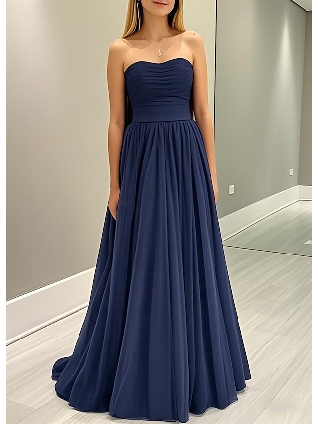  Ligne A Robes pour invités de mariage Élégant Robe de soirée robe demoiselle d honneur Fiançailles Longueur au sol Sans manches Sans bretelles Tulle avec Noeud(s) Plis Froncé 2025