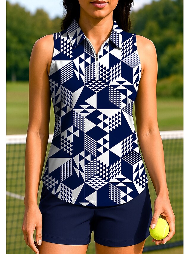 Women's Geometric Tops Sport Shirt Golf Polo Shirt Tennis Shirt Sleeveless Zipper UPF50+ UV Resistant High Elasticity Moisture Wicking Breathable Tennis Pickleball Running Turndown Zip Collar Shirt4