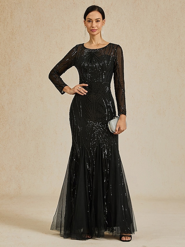  Damen Maxikleid Etui-Kleid Elegant Abendgesellschaft Normale Passform Einfarbig Langarm Rundhalsausschnitt Schwarz Herbst Winter