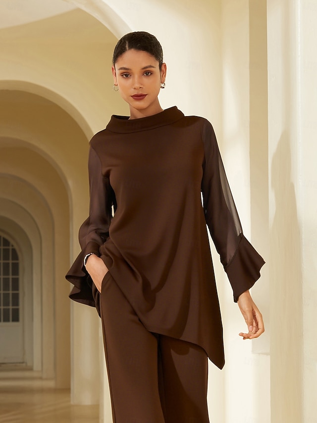  camicetta nera da donna con collo alto, in chiffon, modal, patchwork, polsini svasati, vestibilità slim, elastica, elegante, casual, da ufficio