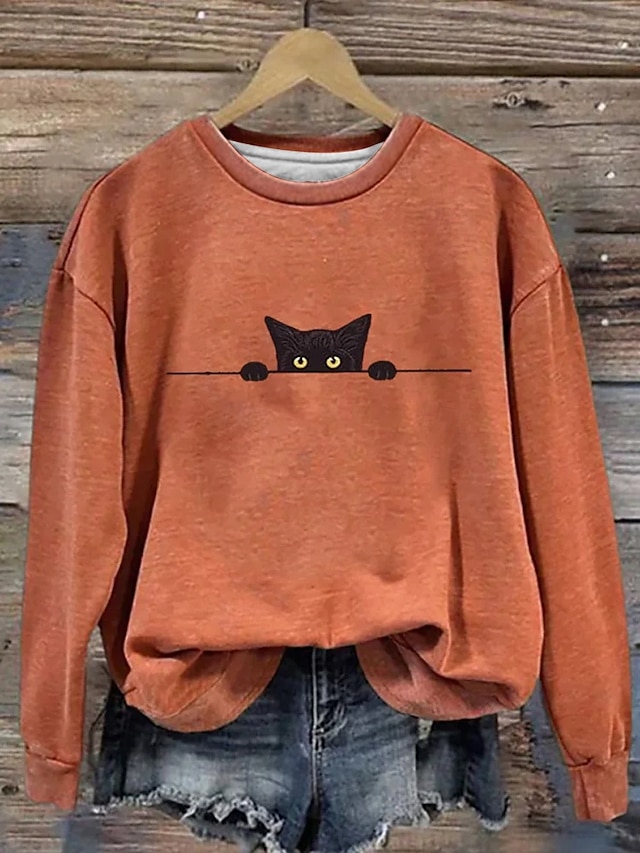  Damen Pullover Sweatshirt Grafik Tiermotiv Katze Mode Lässig Langarm Rundhalsausschnitt Normale Oberteile Straße Alltagskleidung Lässig Druck Weiß Rosa Orange Beige Grau Herbst Winter