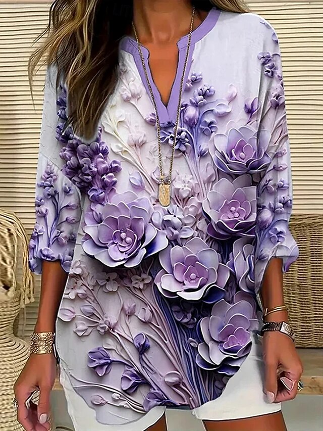 Women's Blouse Tunic V Neck Long Sleeve Boho Casual Floral Graphic Vintage Daily Stylish Notched Neck Regular Tops Daily Print Light Purple Fall4