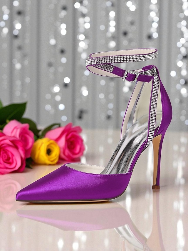  Scarpe con tacco a spillo da donna in raso viola con punta affilata e cinturino alla caviglia con strass - scarpe eleganti con tacco alto glamour per signore, ideali per cocktail party ed eventi