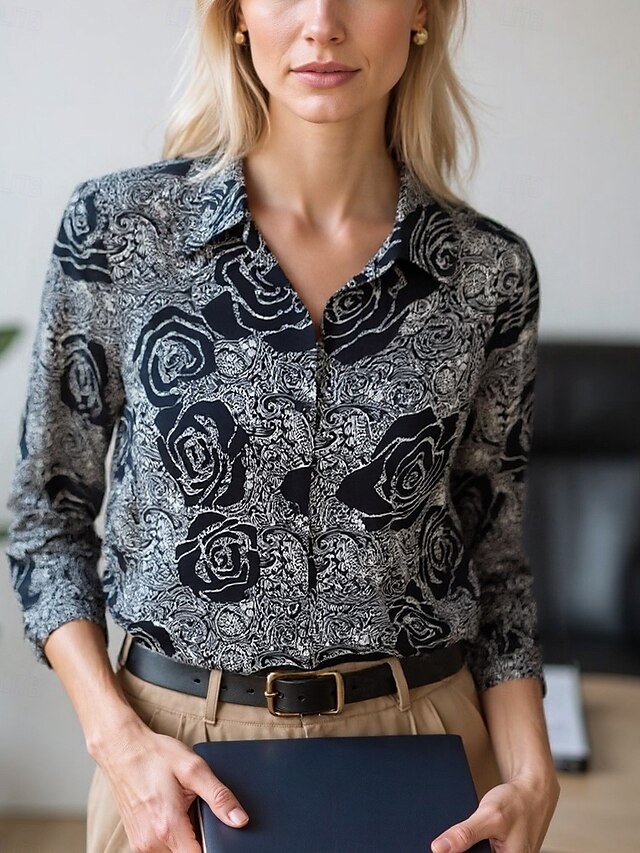  Dame Bluse Dressy topper Chiffongoverdeler Blomstret Fargeblokk Elegant Daglig Stilfull Langermet Skjortekrage Vanlige topper Arbeid Daglig Knapper Trykt mønster Svart Blå Brun Grønn Beige Vår, Høst