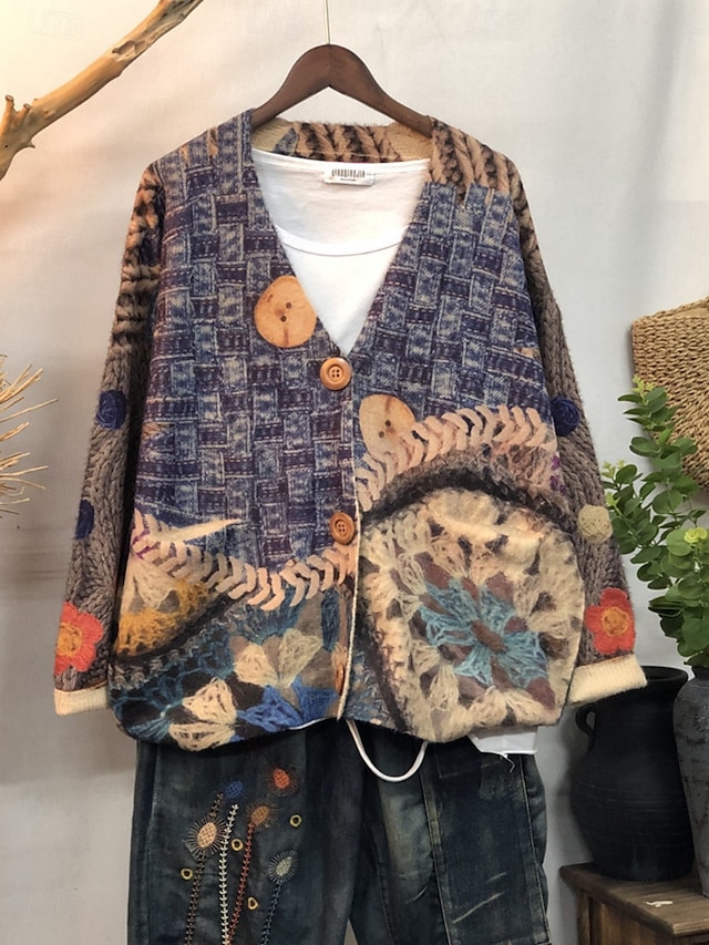  Damen Pullover Strickjacke Elegant Mode Streetwear Blumen Grafik Gerippt V Ausschnitt Tasche Gestrickt Druck Langarm Normale Oberteile Stricken Outdoor Täglich Wochenende Rote Blau Herbst Winter