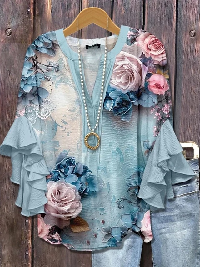  Easter Women's Blouse Floral Graphic Elegant Bohemia Ethnic 3/4 Length Sleeve V Neck Regular Tops Daily Holiday Vacation Wear Ruffle Print White Light Green Blue Purple Green Summer Spring Fall