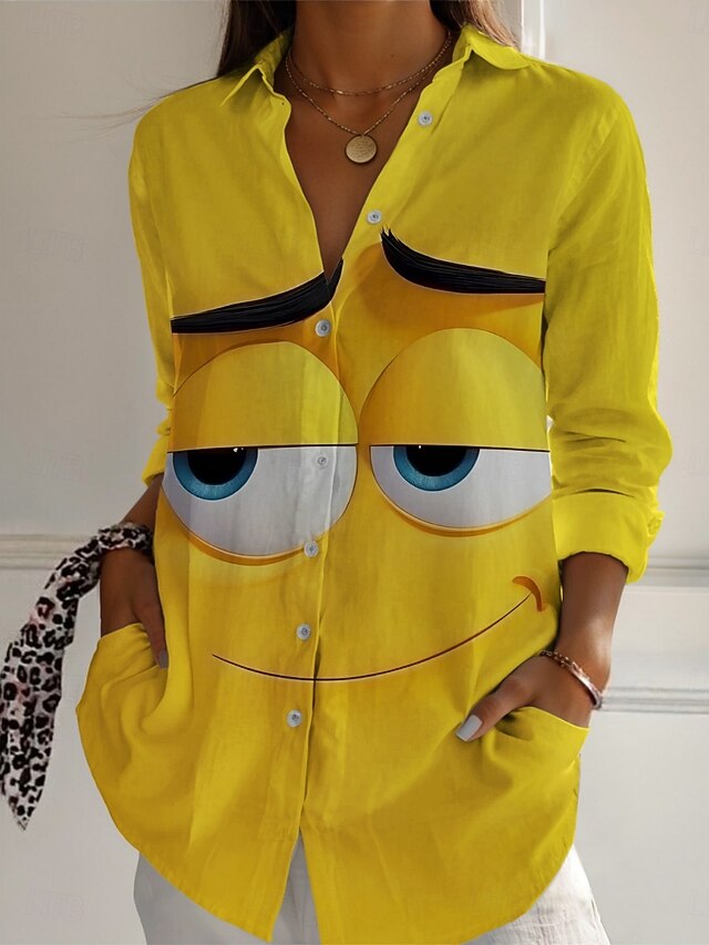 Women's Cartoon Funny Smile Face Shirt Active Daily Stylish Long Sleeve Shirt Collar Regular Tops Daily Holiday Buttons Print Yellow Spring Fall4