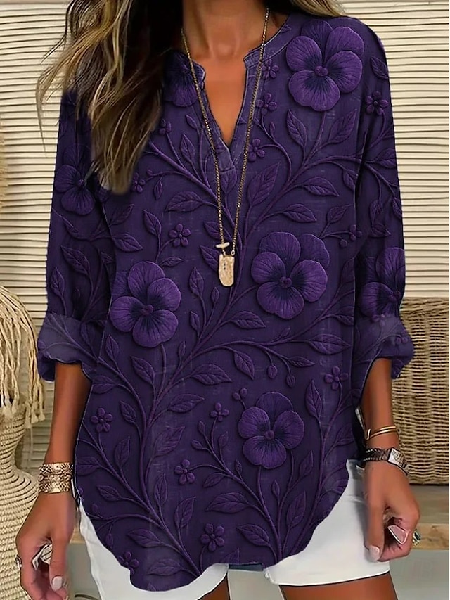 Femmes Hauts d'été Fleuri Graphique ancien Tropical Hawaïen manche longue Col en V Hauts Réguliers Quotidien Fête Tenue de plage Imprimé Blanche Rose Claire Violet Fuchsia Gris Été Printemps