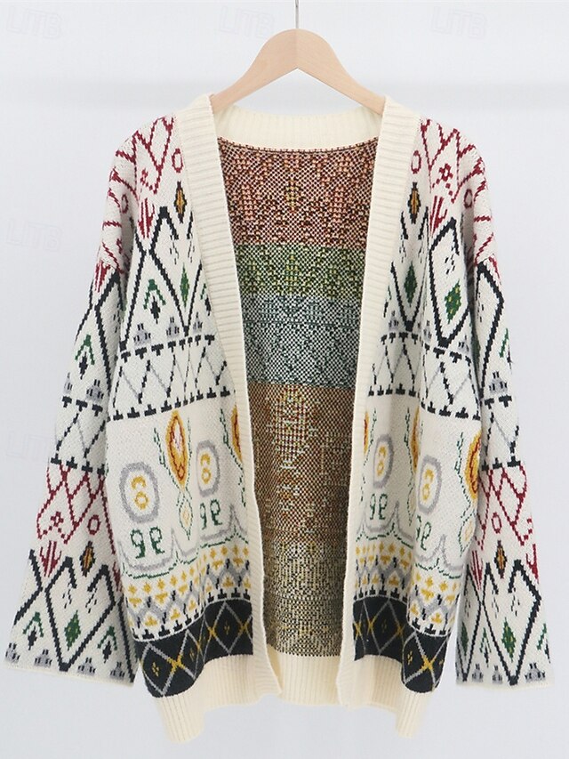  Femmes Pull Cardigan Mode Streetwear Quotidien Argyle Côtelé Ouvert devant Tricoté manche longue Hauts Réguliers Tricoter Fête Sortir Week-end Blanche Automne Hiver