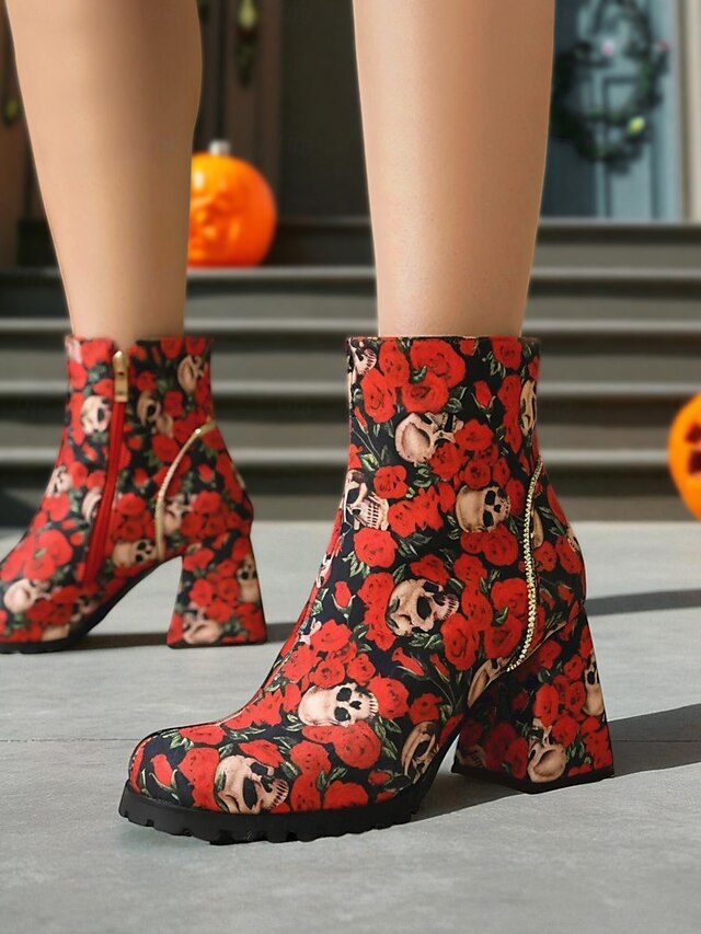  Damen-Stiefeletten mit Totenkopf- und Rosen-Print für Halloween – Stiefeletten mit klobigem Blockabsatz und seitlichem Reißverschluss im Gothic-Stil für Cosplay, Partys und Herbstfestivals
