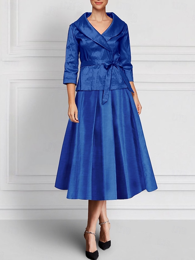  Ensemble de robes trapèze deux pièces, robe de mère de la mariée, élégante, revers, longueur au sol, longueur cheville, tissu extensible en satin, manches longues, bleu, noir, mariage d'automne 2025