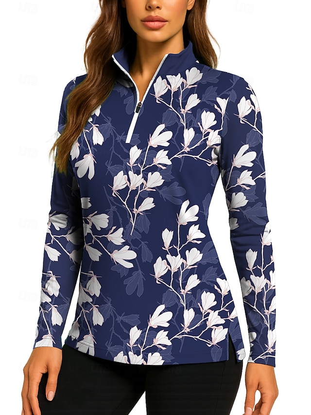  Mujer Flores Tops Camisas de polo Camiseta de tenis Manga Larga Estampado Cremallera de un cuarto Pullover Protección UV Elástico Transpirable Tenis Golf pepinillo Escote Chino Cuello con cremallera