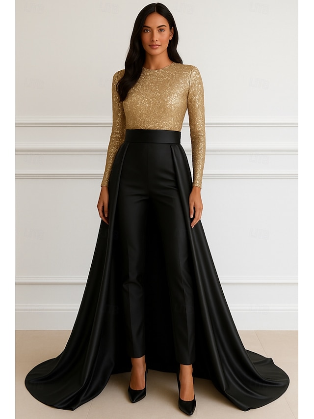  Abito da sera A-Line in oro nero elegante abito formale matrimonio lunghezza al pavimento maniche lunghe scollo a girocollo madre della sposa in satin elasticizzato con paillettes glitter