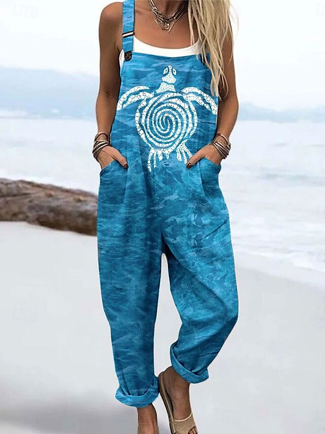  Women's Jumpsuit Active Graphic Sleeveless Print Vacation Street Loose Fit White Blue Green Summer