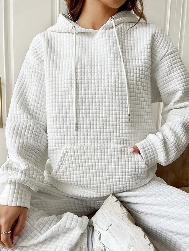  Mulheres Pulôver Moletom Com Capuz Tecido Roupa de rua Casual Manga Longa Com Capuz Tops regulares Feriado Para Noite Bolsos Preto Branco Cinzento Outono Inverno