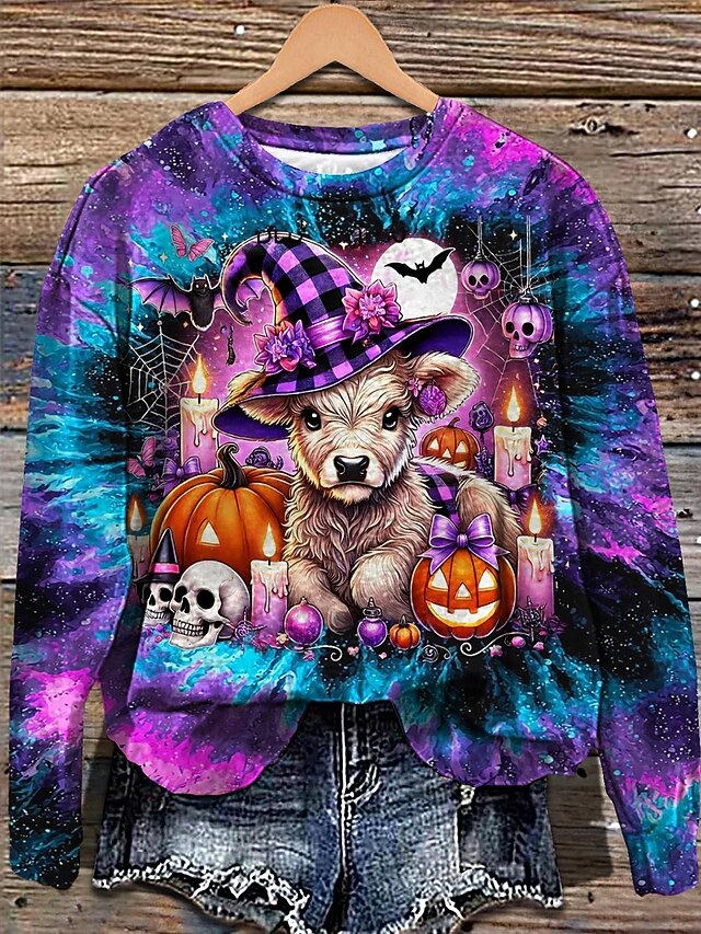 Halloween Women's Pullover Sweatshirt Graphic Cow Halloween Fashion Casual Long Sleeve Crew Neck Regular Tops Street Dailywear Casual Print Black Purple Brown Fall Winter4
