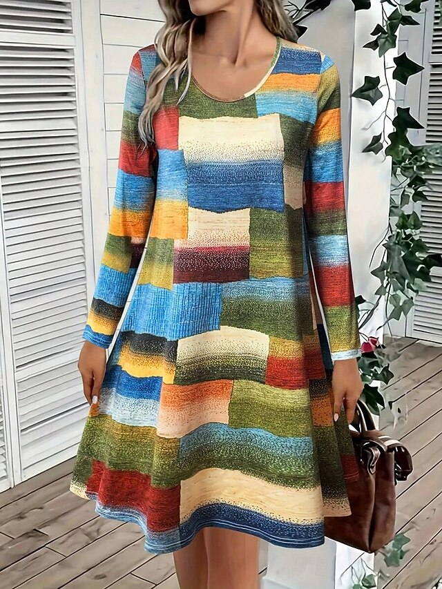 Women's Mini Dress Crew Neck Long Sleeve Casual Dress T Shirt Dress Tee Dress A Line Dress Casual Regular Fit Graphic Geometric Green Fall Winter3