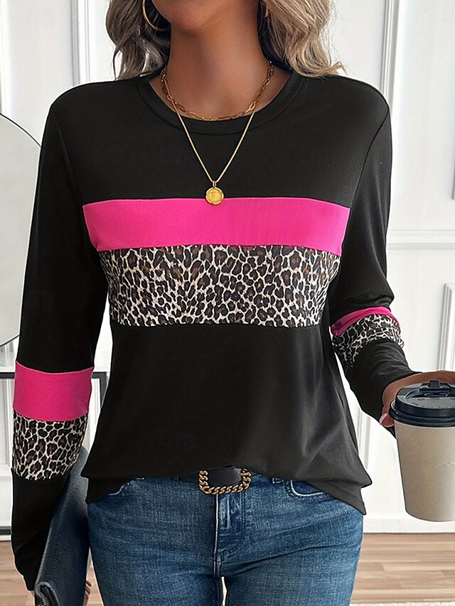 Women's T shirt Crew Neck Long Sleeve Tunic Graphic Leopard Color Block Vintage Stylish Casual  Regular Tops Daily Print Pink Fall4