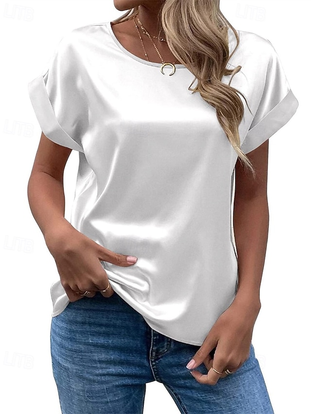  Damen T-Shirt Tee Satin Top einfarbig modisch modern kurzärmlig Rundhalsausschnitt normale Oberteile Alltag Ausgehen Wochenende schwarz weiß rosa blau lila Sommer