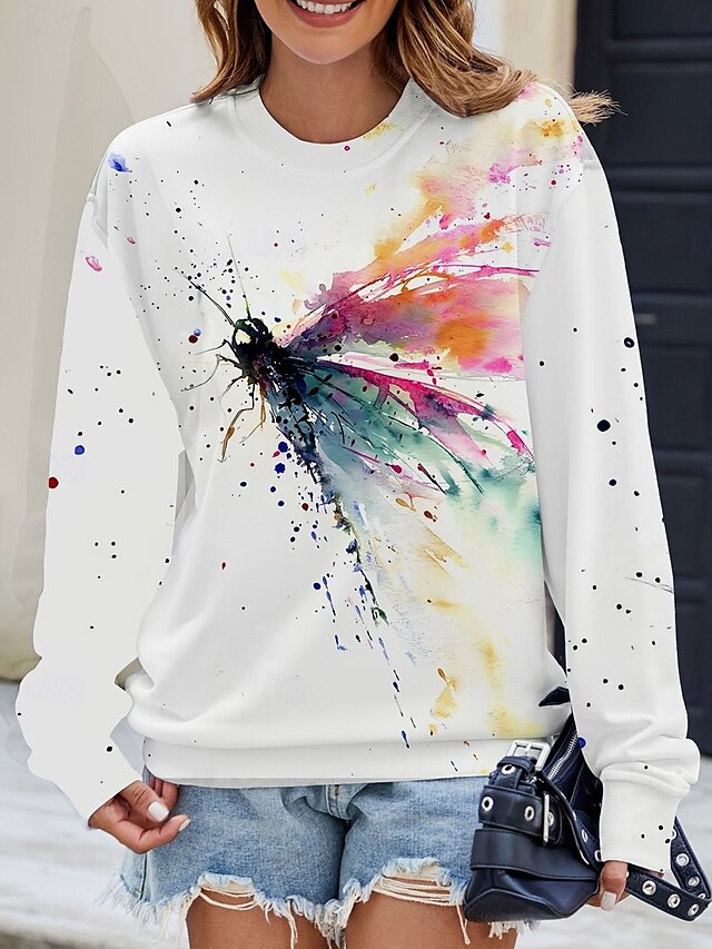  Damen Pullover Sweatshirt Grafik Schmetterling Abstrakt Mode Lässig Langarm Rundhalsausschnitt Normale Oberteile Straße Alltagskleidung Lässig Druck Weiß Herbst Winter