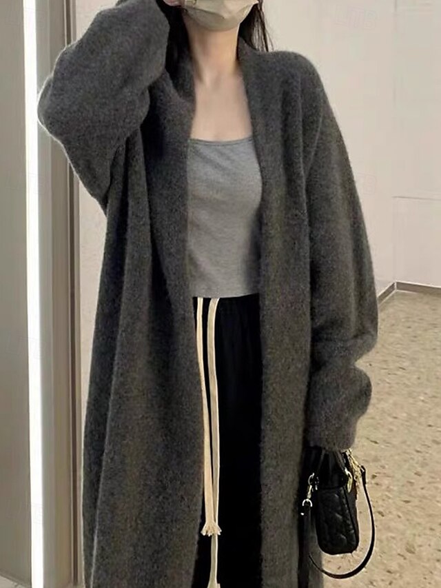  Damskie Sweter Sweter rozpinany Moda Moda miejska Codzienny Jednokolorowe Prążkowany Otwarty przód Dzianiny Długi rękaw Długie topy Robić na drutach Święto Wyjściowe Weekend Żółtobrązowy Ciemnoszary