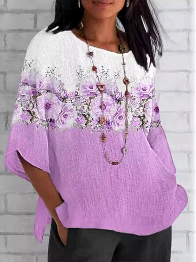 Women's T Shirt Ombre Floral Graphic Vintage Classic Casual 3/4 Length Sleeve V Neck Regular Tops Daily Weekend Beach Wear Print Violet Summer Spring Fall4