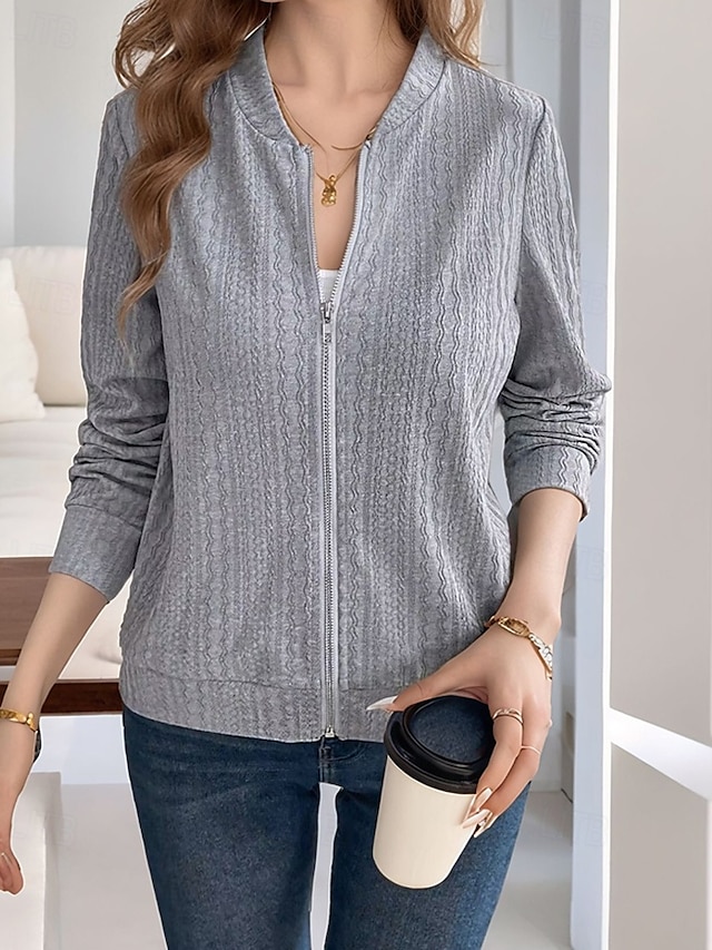  Mulheres Moletons com zíper Tecido Roupa de rua Casual Confortável Manga Longa Decote V Tops regulares Rua Feriado Para Noite Zip Up Preto Cinzento Outono