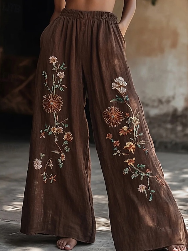 Women's Wide Leg Pants Trousers Palazzo Pants Fashion Boho Full Length High Waist Flower Elastic Waist Print Breathability Comfortable Street Daily Wear Going out dark brown Coffee Spring Fall