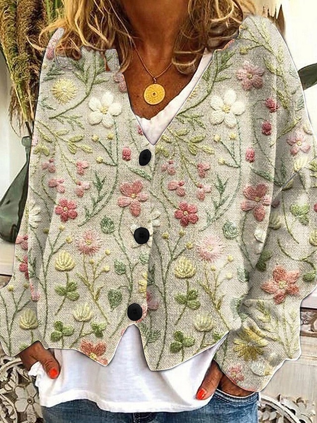 Women's Sweater Cardigan Fashion Streetwear Daily Floral Ribbed Open Front Knitted Print Long Sleeve Long Tops Knit Holiday Going out Weekend Yellow Blue Fall Winter4