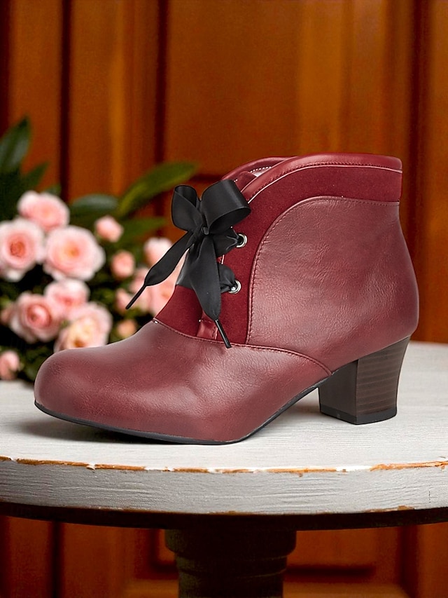  Bottines bordeaux d'inspiration victorienne des années 1900 pour femmes – bottines à talons à lacets en similicuir avec nœud en ruban pour un usage quotidien et des tenues vintage
