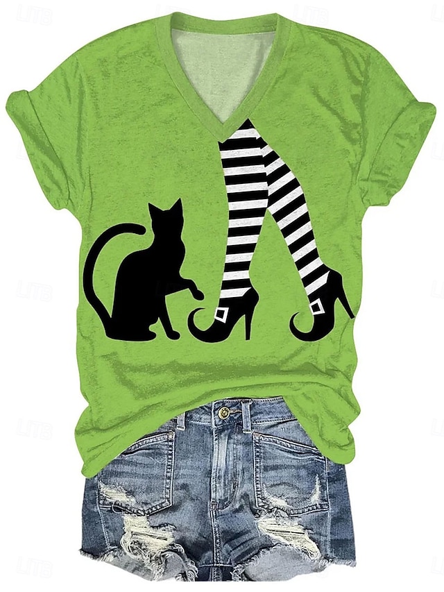  Halloween Femmes T-shirt Graphique Chat Sorcière ancien Élégant Classique Manche Courte Col en V Hauts Réguliers Quotidien Imprimé Orange Vert Été Printemps Automne