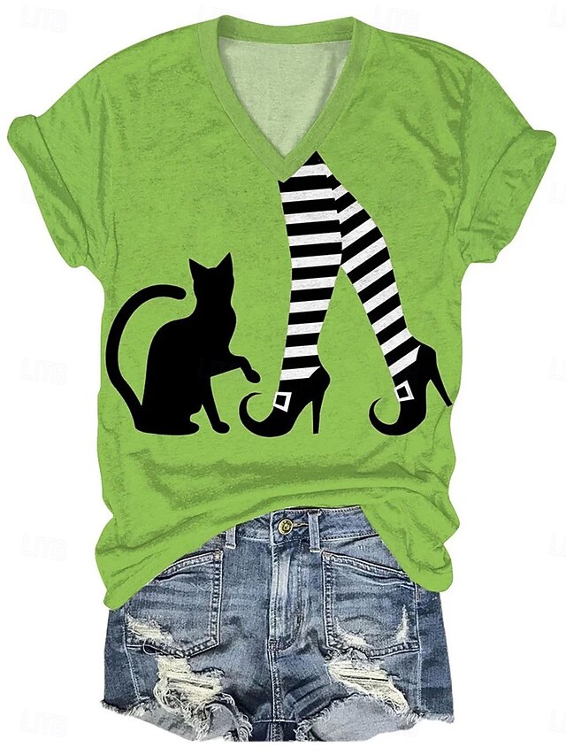 Halloween Women's T shirt Witch Graphic Cat Vintage Stylish Classic Short Sleeve V Neck Regular Tops Daily Print Orange Green Summer Spring Fall3