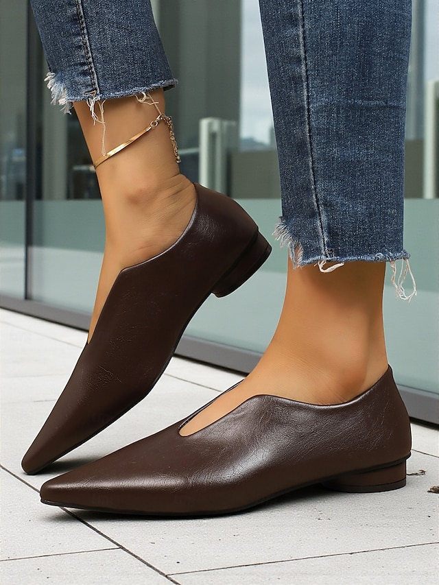  ballerines à bout pointu en similicuir marron pour femmes – mocassins minimalistes à enfiler en V, tenues de bureau élégantes et décontractées au quotidien