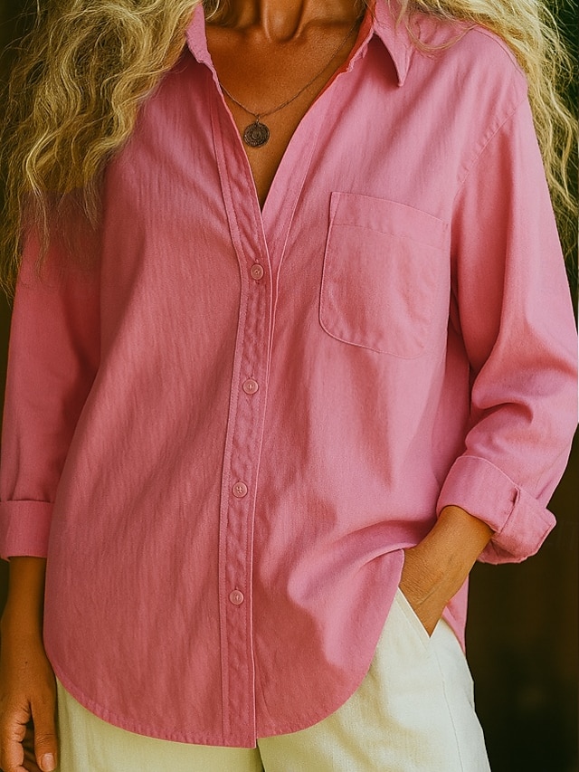  Camicia da donna in 100% cotone, tinta unita, stile bohémien, vintage, da giorno, a maniche lunghe, con colletto, da giorno, per le feste, con tasca, bianca, rosa, rossa, blu, viola, primavera,