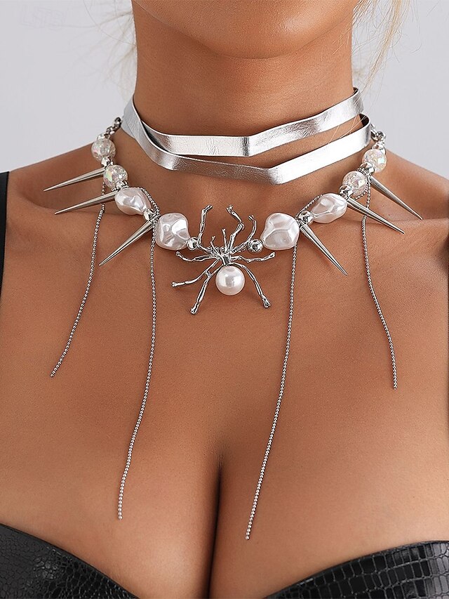  Halloween-Spinnenhalskette für Damen – Gothic-Punk-Design aus Legierung und Kunstperlen mit Stacheln und Ketten, auffälliger Modeschmuck für Partys, Cosplay und gruselige Abende