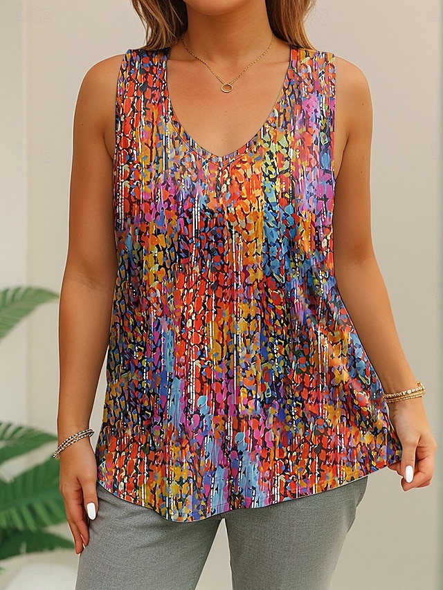  Femmes Grande taille Hauts T-shirt Graphique Abstrait Sans manches Col en V Occasionnel Quotidien Polyester Été Jaune Bleu