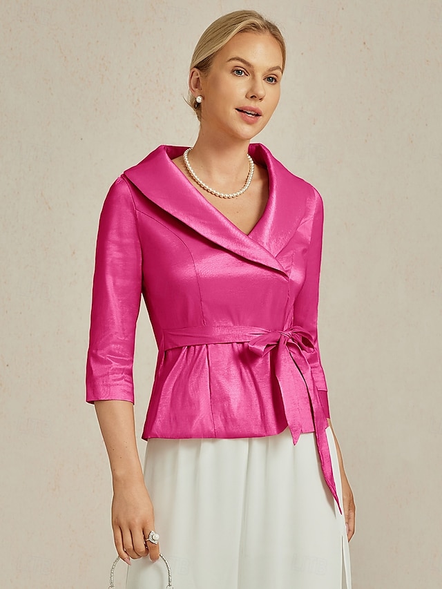  Femmes Chemisier Hauts de soirée Élégant Métallique Moderne Manche 3/4 Col en V Hauts Réguliers robe demoiselle d honneur Soirée Semi-Formel Nœud devant Fuchsia Printemps, Automne, Hiver, Été