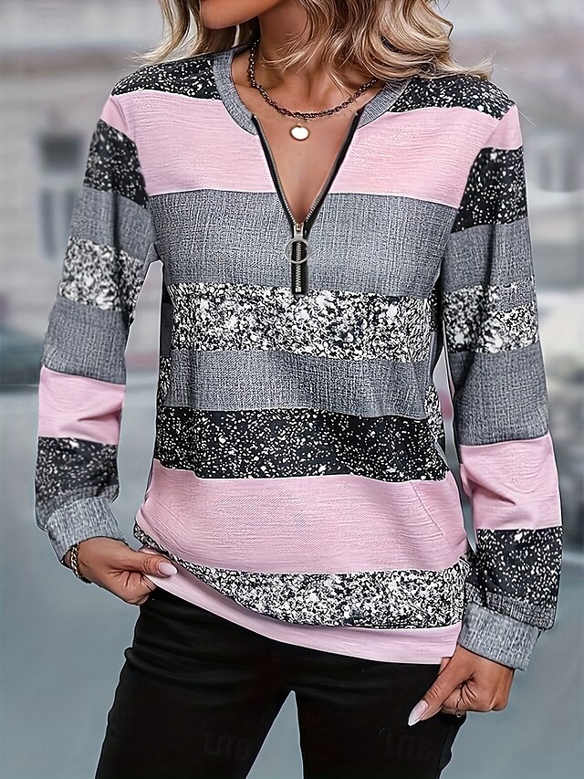 Women's Quarter Zipper Sweater Pullover Graphic Striped Fashion Casual Long Sleeve Crew Neck Regular Tops Street Dailywear Print Pink Fall Winter4