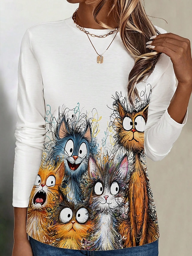  Femmes T-shirt Graphique Animal Chat Mode Occasionnel manche longue Col ras du cou Hauts Réguliers Quotidien Week-end Imprimé Blanche Été Printemps Automne