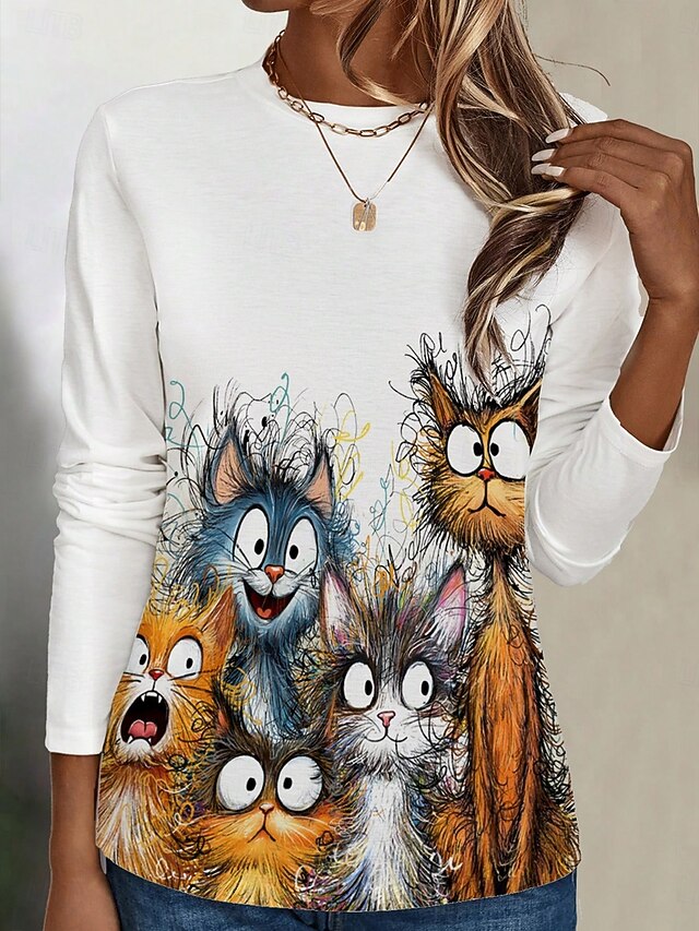 Women's T shirt Crew Neck Long Sleeve Tunic Graphic Animal Cat Casual  Regular Tops Daily Weekend Print White Fall4