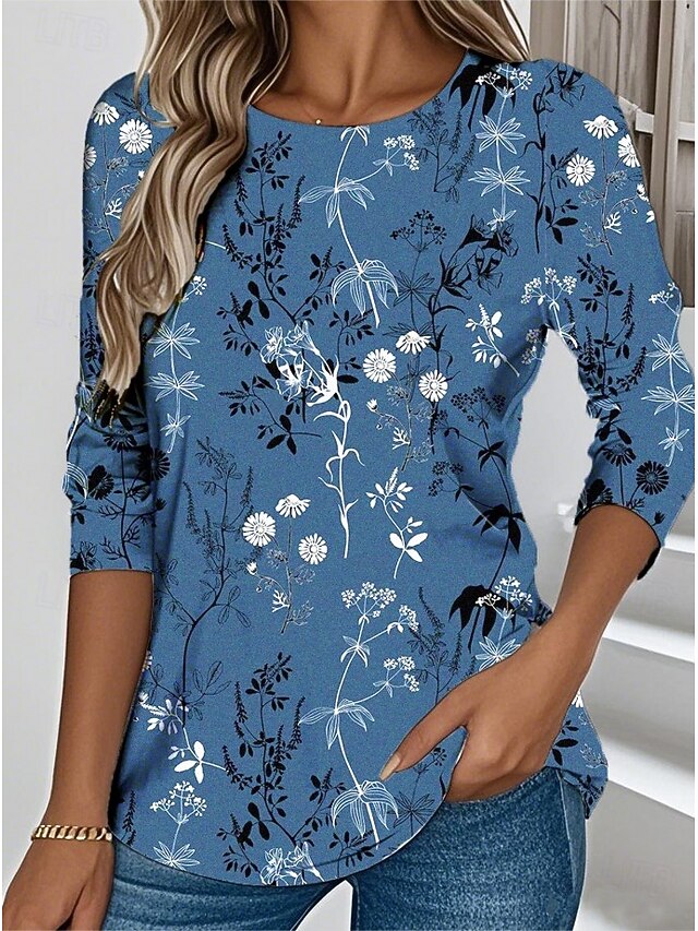 Women's T shirt Long Sleeve Crew Neck Long Sleeve Tunic Floral Graphic Vintage Stylish Classic Round Neck Regular Tops Daily Print Blue Brown Gray Fall Prefall4