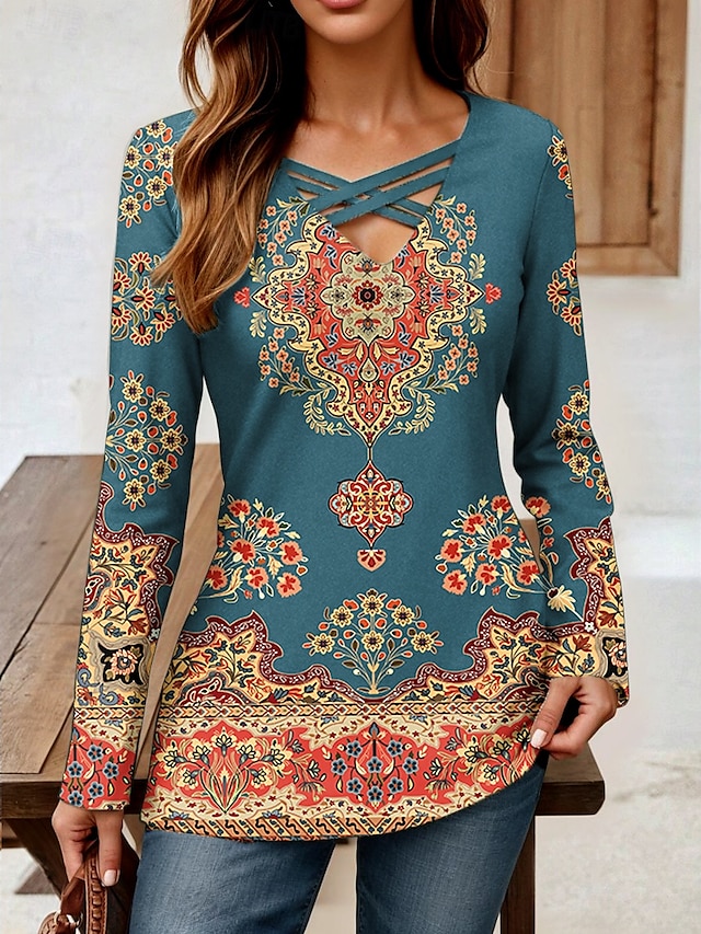  Pentru femei Tricou Grafic Geometric Imprimeu Paisley Epocă Stilat Clasic Manșon Lung În V Topuri obișnuite Zilnic Eliminat Imprimeu Albastru Prăfuit Primăvară Toamnă