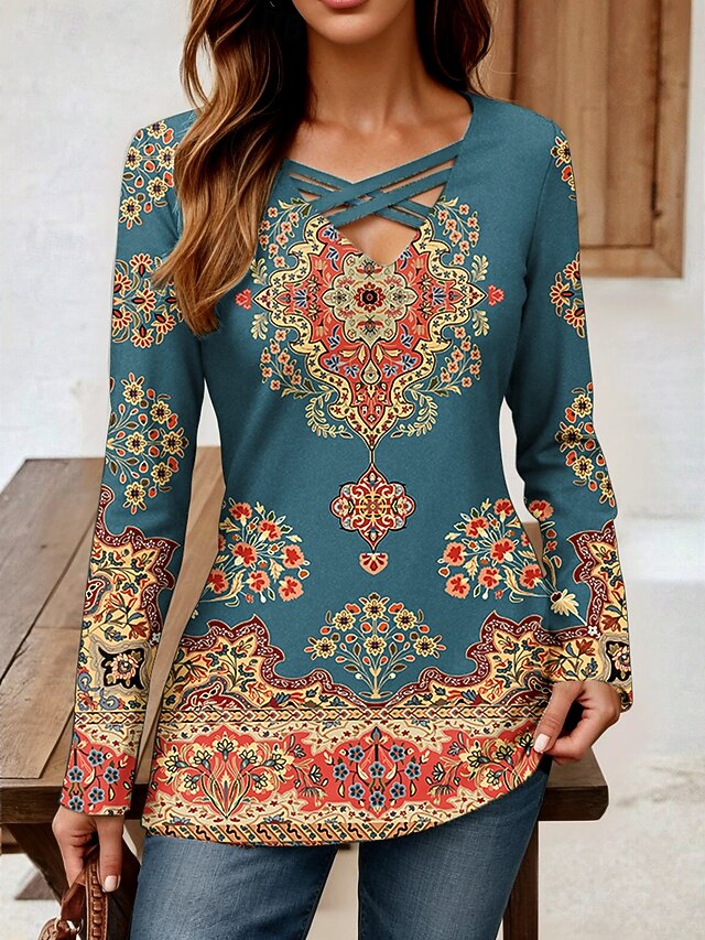 Women's T Shirt Graphic Geometric Paisley Vintage Stylish Classic Long Sleeve V Neck Regular Tops Daily Cut Out Print Dusty Blue Spring Fall4