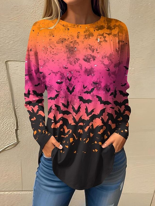 Halloween Women's T shirt Bat Graphic Vintage Fashion Stylish Long Sleeve Crew Neck Regular Tops Weekend Print Blue Purple Orange Fall4