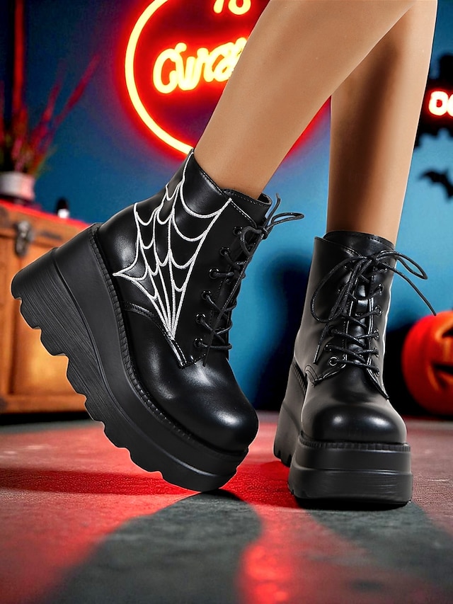  Women's Black Platform Boots with Spider Web Design - Chunky Lace-Up Ankle Boots for Halloween,  Cosplay, and Masquerade Balls, Punk and Gothic Style, Comfortable for All-Day Wear