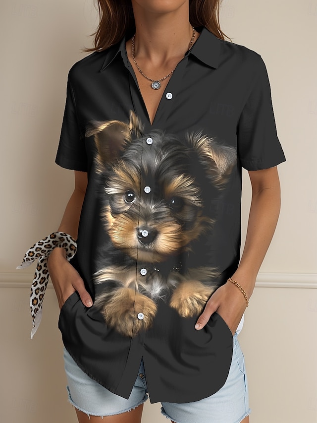  Kerstmis Dames Overhemd Grafisch dier Hond Vintage Tropisch Dagelijks Mouwloos Korte mouw Overhemdkraag Normale tops Dagelijks Zwart en Wit Zwart Geel Zomer Lente